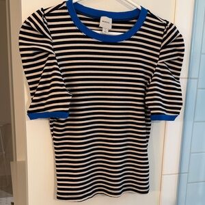 Maeve Black & Tan Striped Tee with Bright Blue Trim